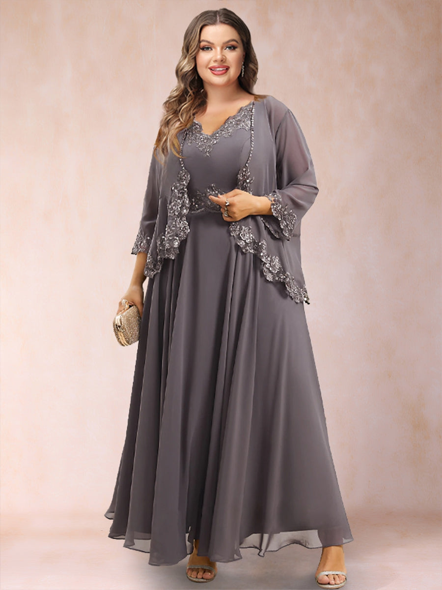 A-Line/Princess V-Neck 3/4 Sleeves 2 Pieces Plus Size Mother of the Bride Dresses with Applique