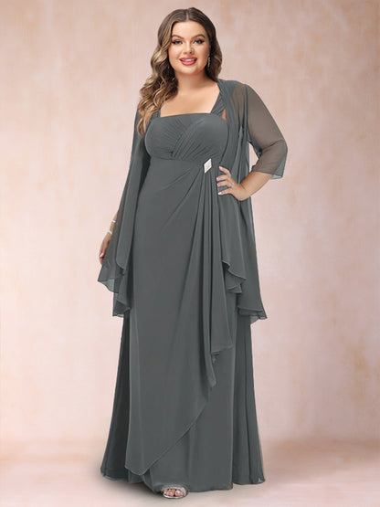 A-Line/Princess Scoop 3/4 Sleeves 2 Pieces Plus Size Mother of the Bride Dresses with Rhinestone