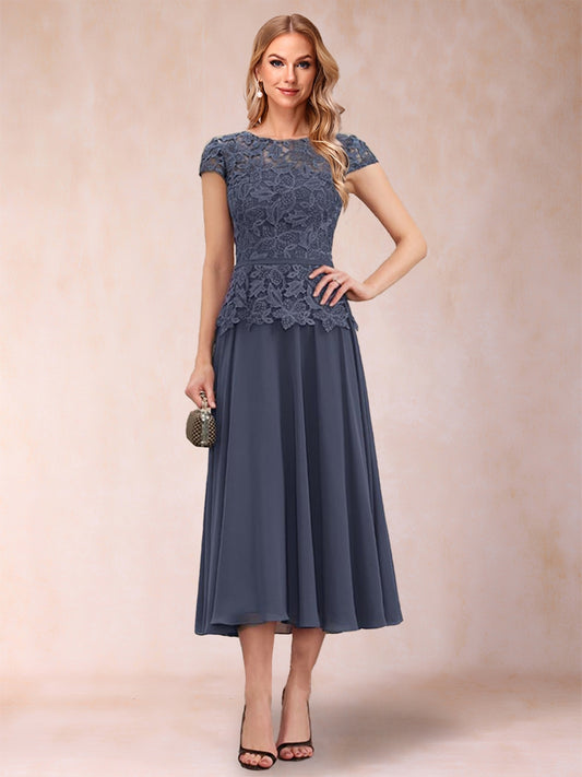 A-Line/Princess Chiffon Scoop Short Sleeves Mother of the Bride Dresses with Applique