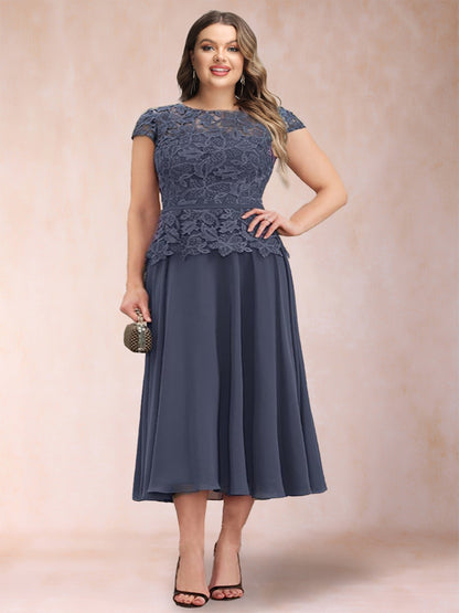 A-Line/Princess Chiffon Scoop Short Sleeves Plus Size Mother of the Bride Dresses with Applique