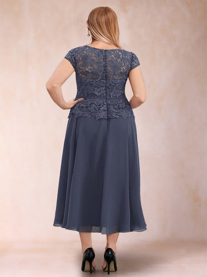 A-Line/Princess Chiffon Scoop Short Sleeves Plus Size Mother of the Bride Dresses with Applique