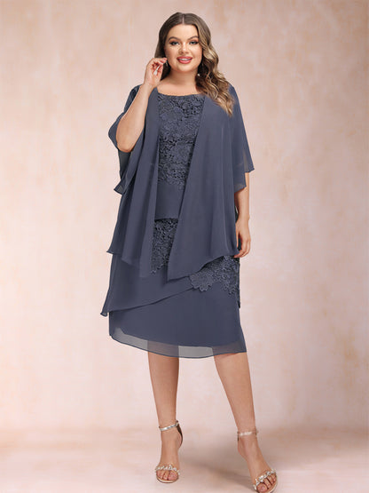 Sheath/Column Scoop Half Sleeves 2 Pieces Plus Size Mother of the Bride Dresses with Applique & Jacket