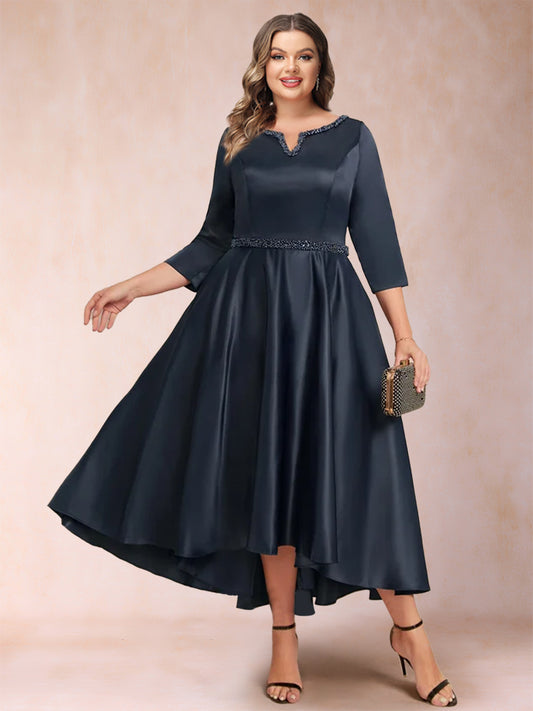 A-Line/Princess V-Neck 3/4 Sleeves Plus Size Evening Dresses with Beading