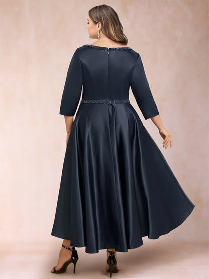 A-Line/Princess V-Neck 3/4 Sleeves Plus Size Evening Dresses with Beading