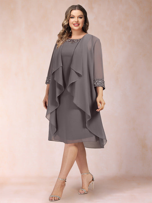 Sheath/Column Scoop 3/4 Sleeves 2 Pieces Plus Size Mother of the Bride Dresses with Rhinestone & Jacket