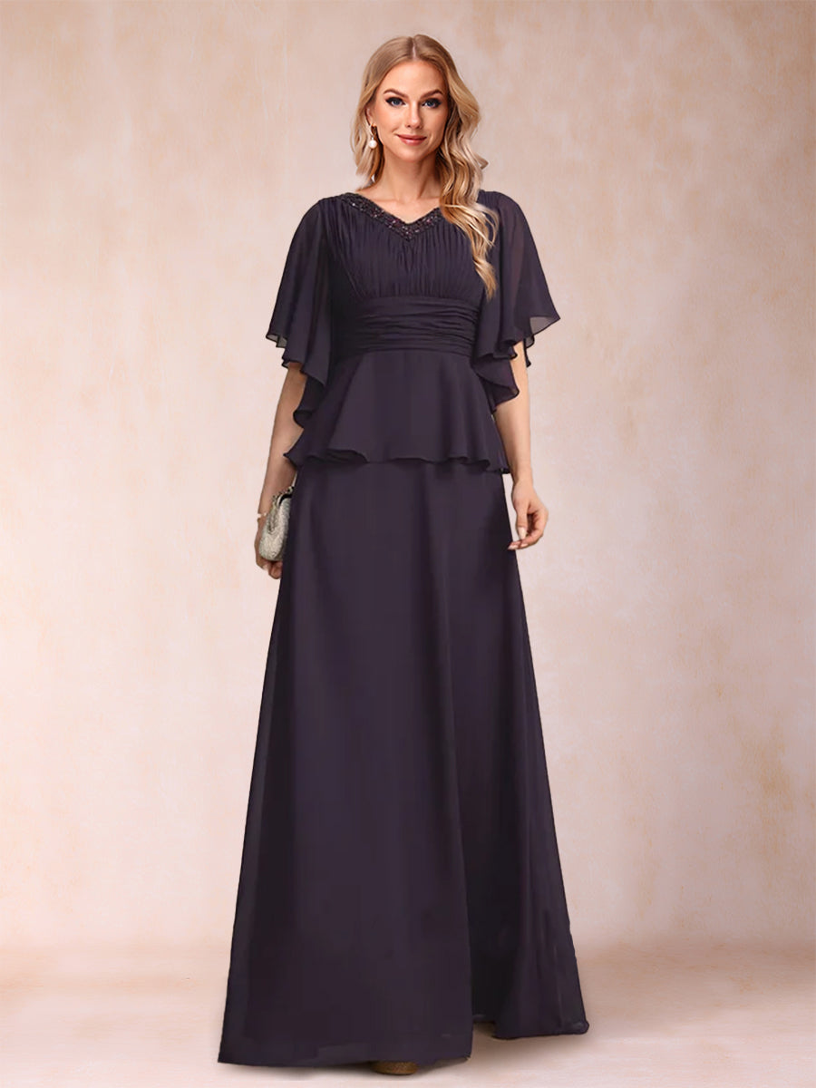 A-Line/Princess V-Neck Half Sleeves Mother of the Bride Dresses with Beading