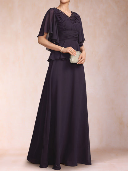 A-Line/Princess V-Neck Half Sleeves Mother of the Bride Dresses with Beading