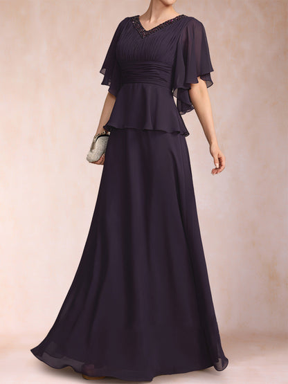 A-Line/Princess V-Neck Half Sleeves Mother of the Bride Dresses with Beading