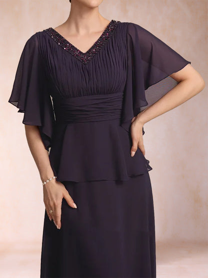 A-Line/Princess V-Neck Half Sleeves Mother of the Bride Dresses with Beading