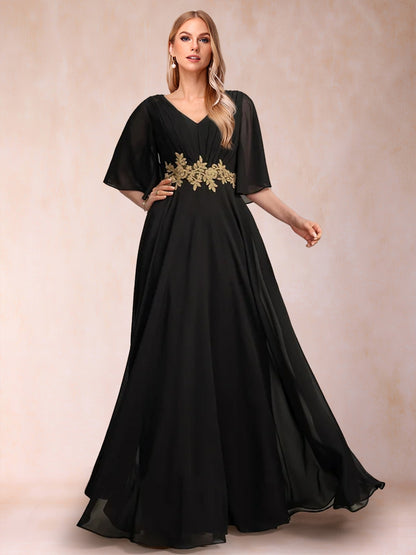 A-Line/Princess V-Neck Half Sleeves Mother of the Bride Dresses with Sash