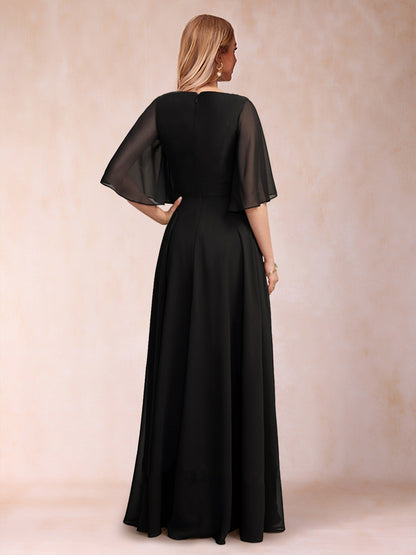 A-Line/Princess V-Neck Half Sleeves Mother of the Bride Dresses with Sash