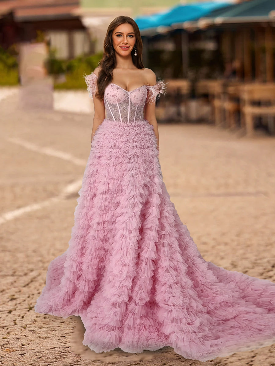 A-Line/Princess Off-the-Shoulder Short Sleeves Prom Dresses with Lace