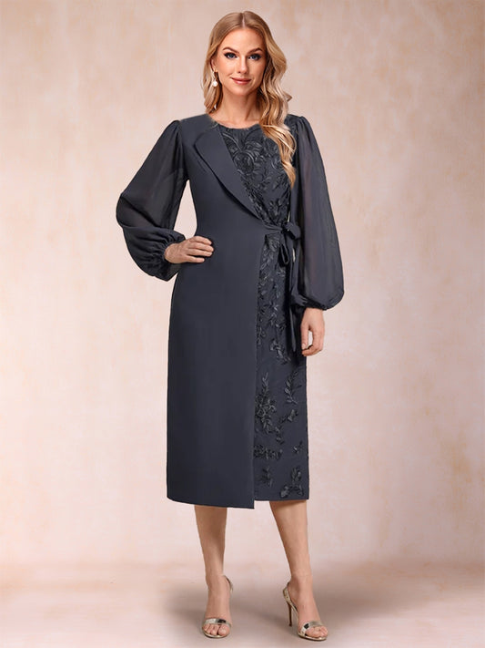 Sheath/Column Scoop Long Sleeves Mother of the Bride Dresses with Applique