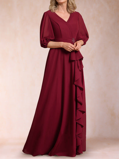 A-Line/Princess V-Neck 3/4 Sleeves Mother of the Bride Dresses with Ruffles