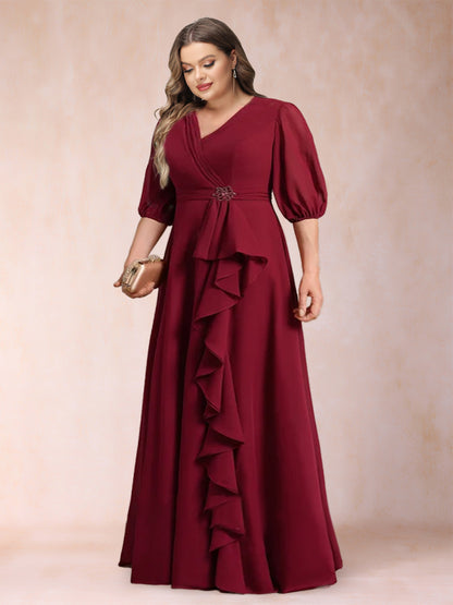 A-Line/Princess V-Neck 3/4 Sleeves Plus Size Mother of the Bride Dresses with Ruffles