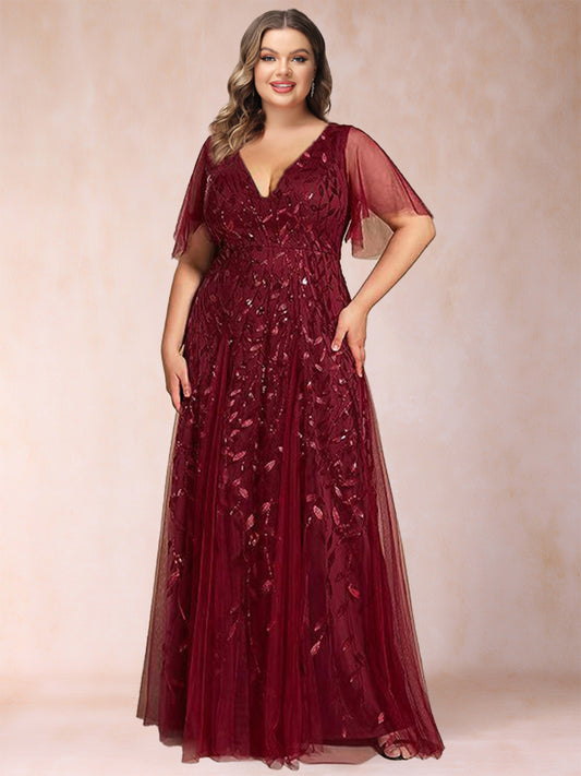 A-Line/Princess Floor-Length Half Sleeves V-Neck Plus Size Mother of the Bride Dresses