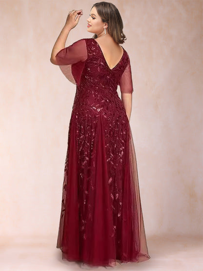 A-Line/Princess Floor-Length Half Sleeves V-Neck Plus Size Mother of the Bride Dresses