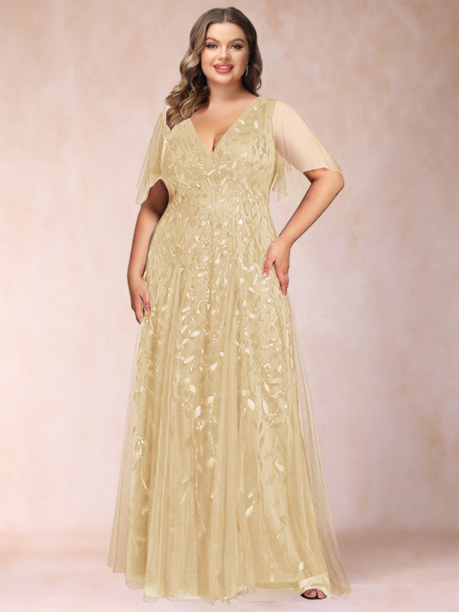 A-Line/Princess Floor-Length Half Sleeves V-Neck Plus Size Mother of the Bride Dresses