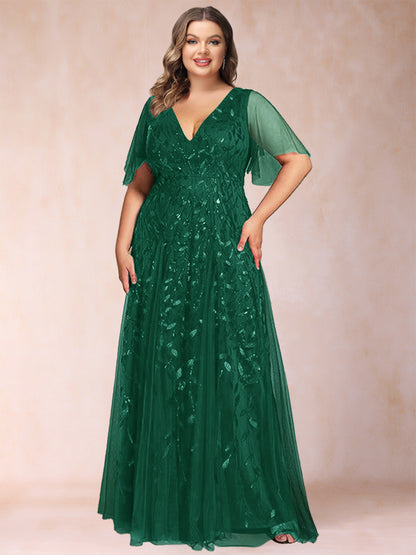 A-Line/Princess Floor-Length Half Sleeves V-Neck Plus Size Mother of the Bride Dresses