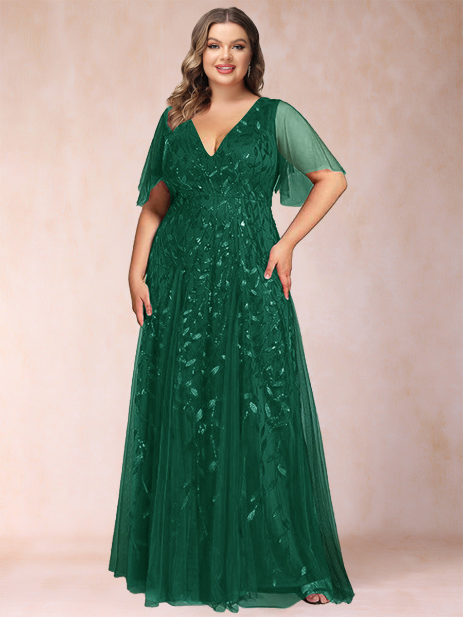 A-Line/Princess Floor-Length Half Sleeves V-Neck Plus Size Mother of the Bride Dresses