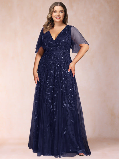 A-Line/Princess Floor-Length Half Sleeves V-Neck Plus Size Mother of the Bride Dresses