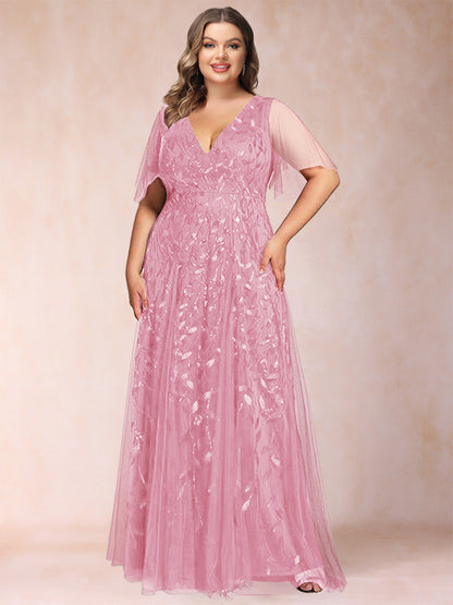 A-Line/Princess Floor-Length Half Sleeves V-Neck Plus Size Mother of the Bride Dresses