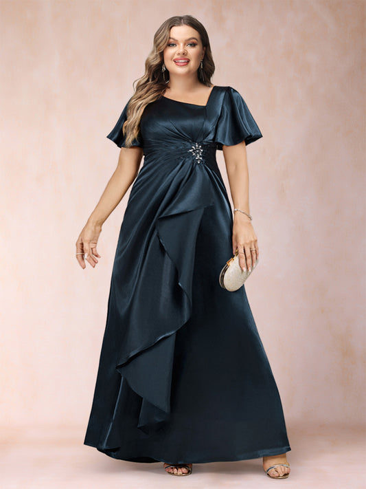 A-Line/Princess V-Neck Short Sleeves Plus Size Mother of the Bride Dresses with Sash