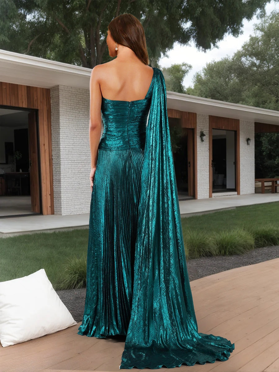 Sheath/Column One-Shoulder Sleeveless Prom Dresses with Watteau Train