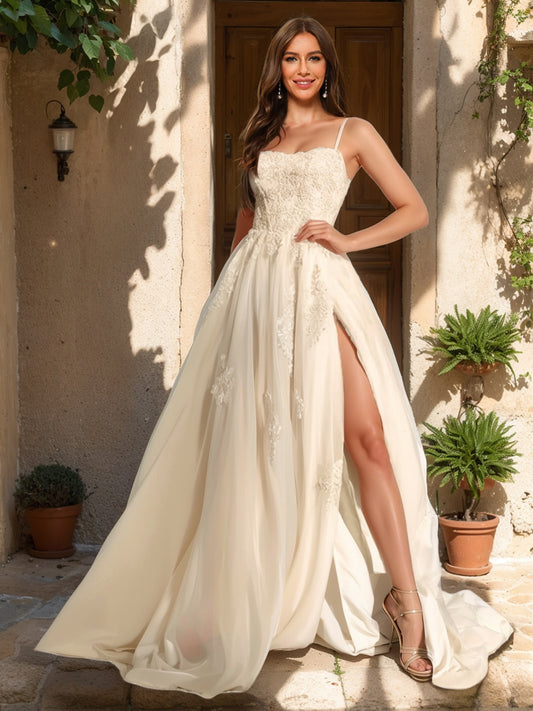 A-Line/Princess Spaghetti Straps Sleeveless Prom Dresses with Split Side