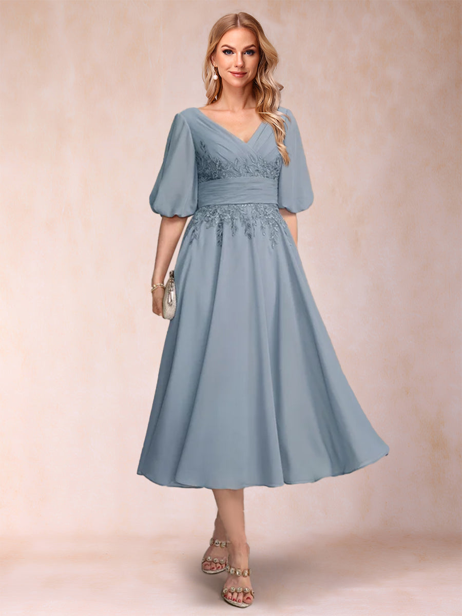 A-Line/Princess V-Neck Half Sleeves Mother of the Bride Dresses with Applique