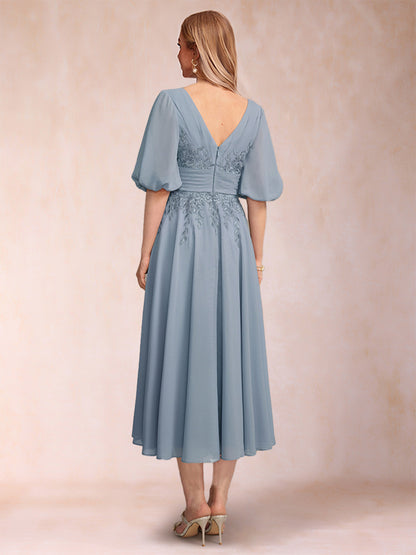 A-Line/Princess V-Neck Half Sleeves Mother of the Bride Dresses with Applique