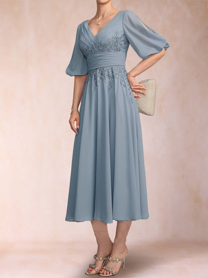 A-Line/Princess V-Neck Half Sleeves Mother of the Bride Dresses with Applique