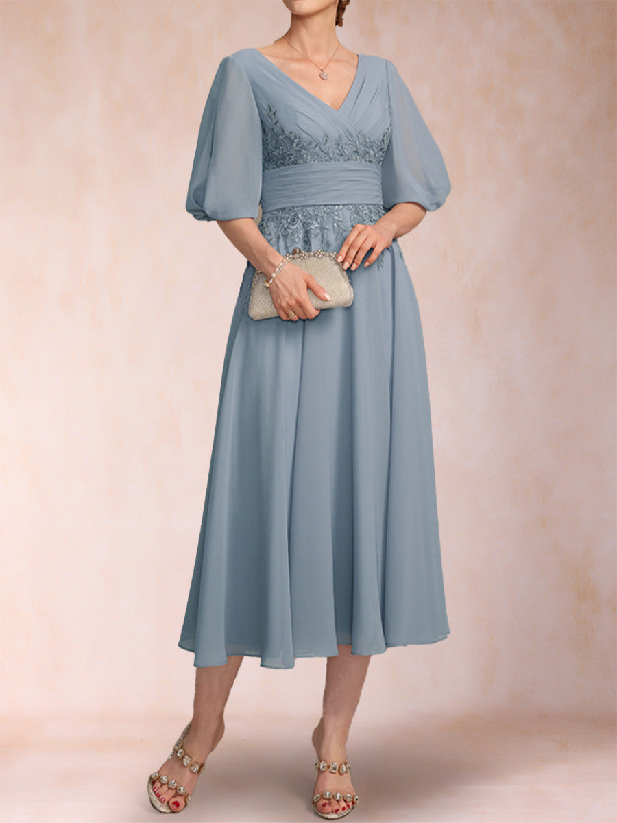 A-Line/Princess V-Neck Half Sleeves Mother of the Bride Dresses with Applique