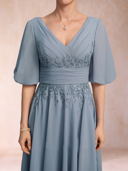 A-Line/Princess V-Neck Half Sleeves Mother of the Bride Dresses with Applique