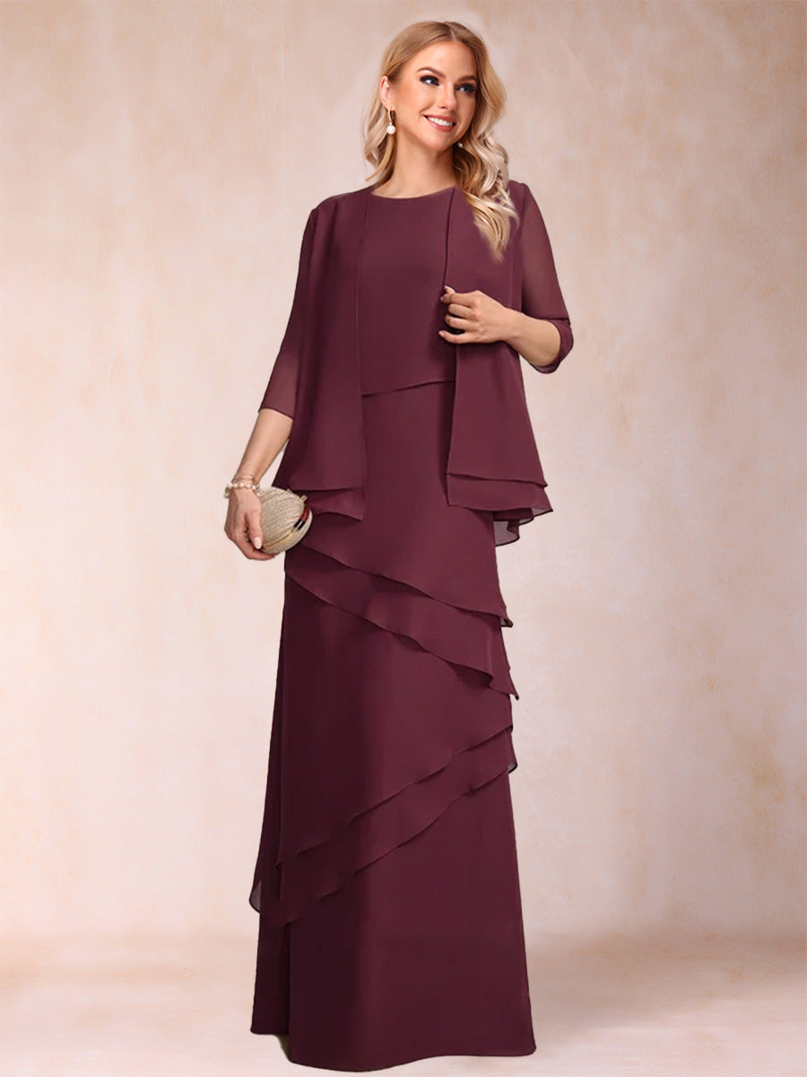 Sheath/Column Scoop 3/4 Sleeves 2 Pieces Mother of the Bride Dress with Tiered & Jacket