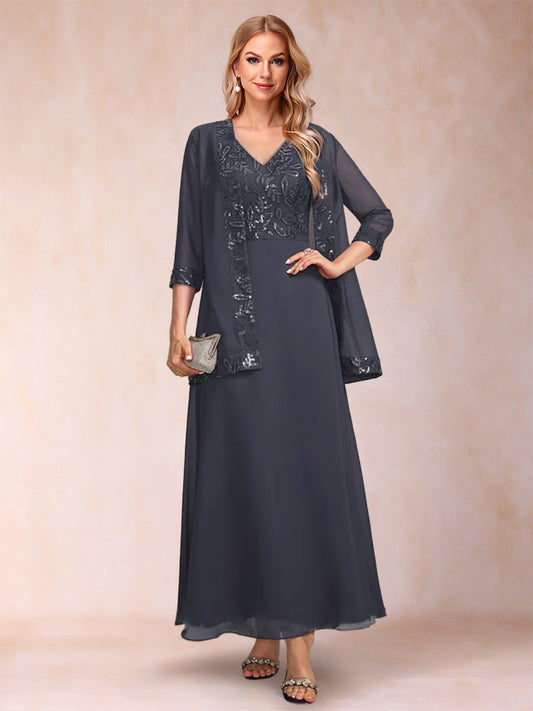 A-Line/Princess V-Neck 3/4 Sleeves 2 Pieces Mother of the Bride Dress with Sequins & Jacket