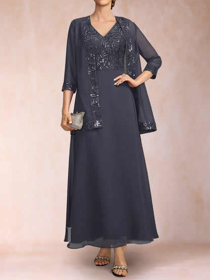 A-Line/Princess V-Neck 3/4 Sleeves 2 Pieces Mother of the Bride Dress with Sequins & Jacket