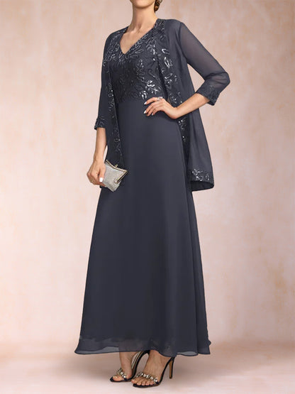 A-Line/Princess V-Neck 3/4 Sleeves 2 Pieces Mother of the Bride Dress with Sequins & Jacket