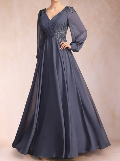 A-Line/Princess V-Neck Long Sleeves Mother of the Bride Dresses with Applique