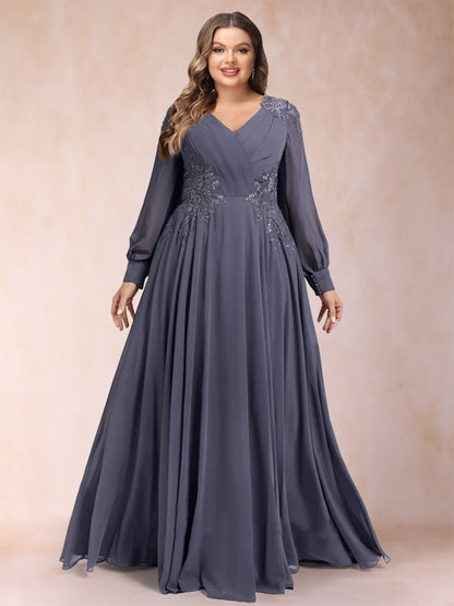 A-Line/Princess V-Neck Long Sleeves Plus Size Mother of the Bride Dresses with Applique