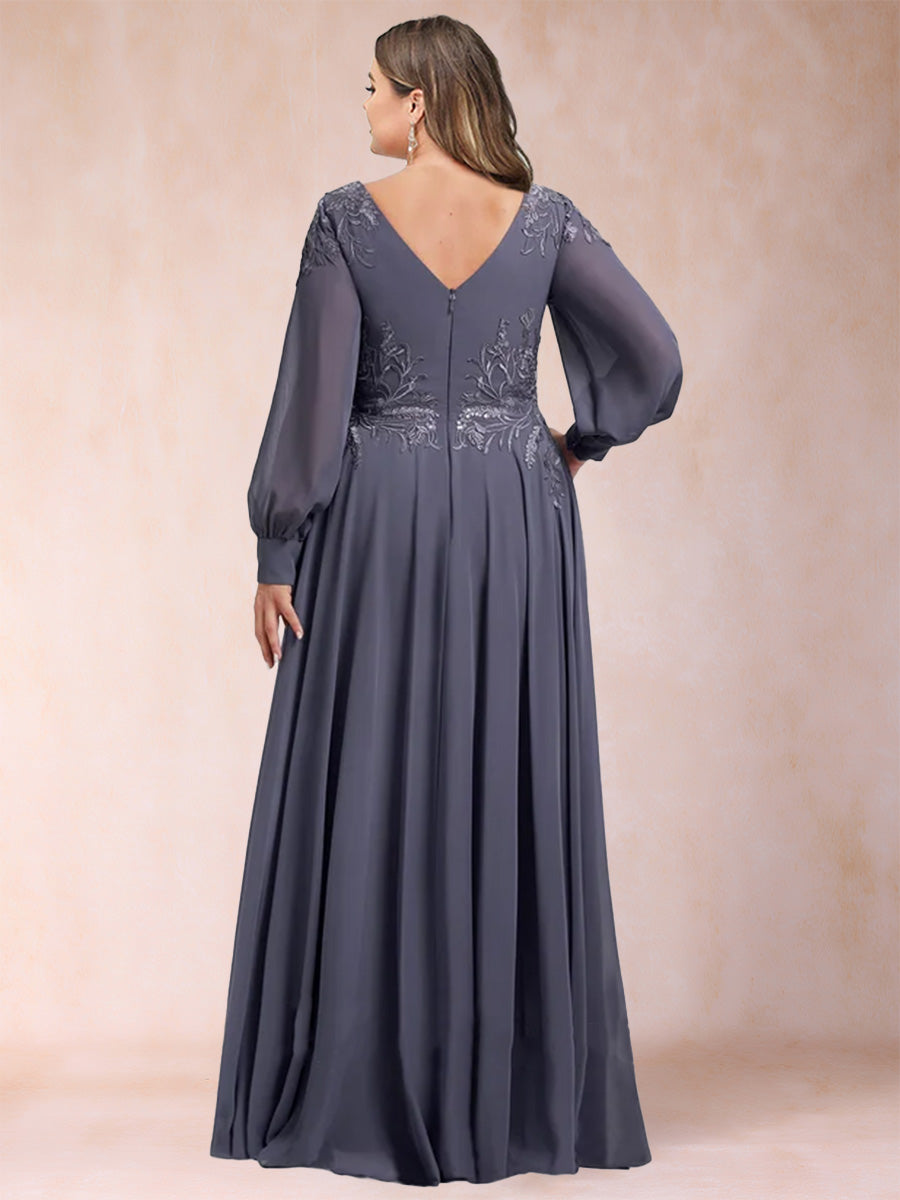 A-Line/Princess V-Neck Long Sleeves Plus Size Mother of the Bride Dresses with Applique