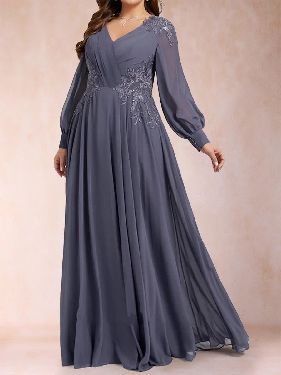 A-Line/Princess V-Neck Long Sleeves Plus Size Mother of the Bride Dresses with Applique