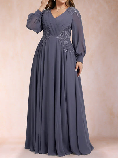 A-Line/Princess V-Neck Long Sleeves Plus Size Mother of the Bride Dresses with Applique