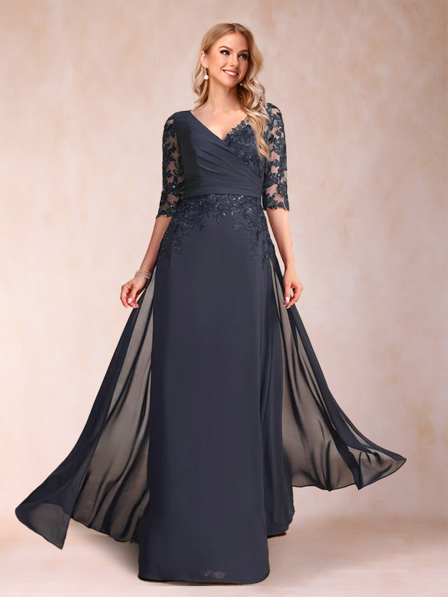 Sheath/Column V-Neck Half Sleeves Mother of the Bride Dresses with Applique