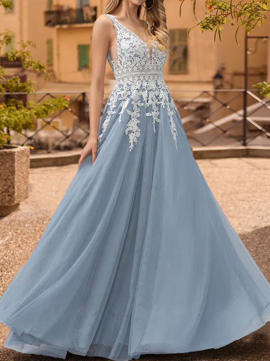 A-Line/Princess V-Neck Sleeveless Prom Dresses with Applique