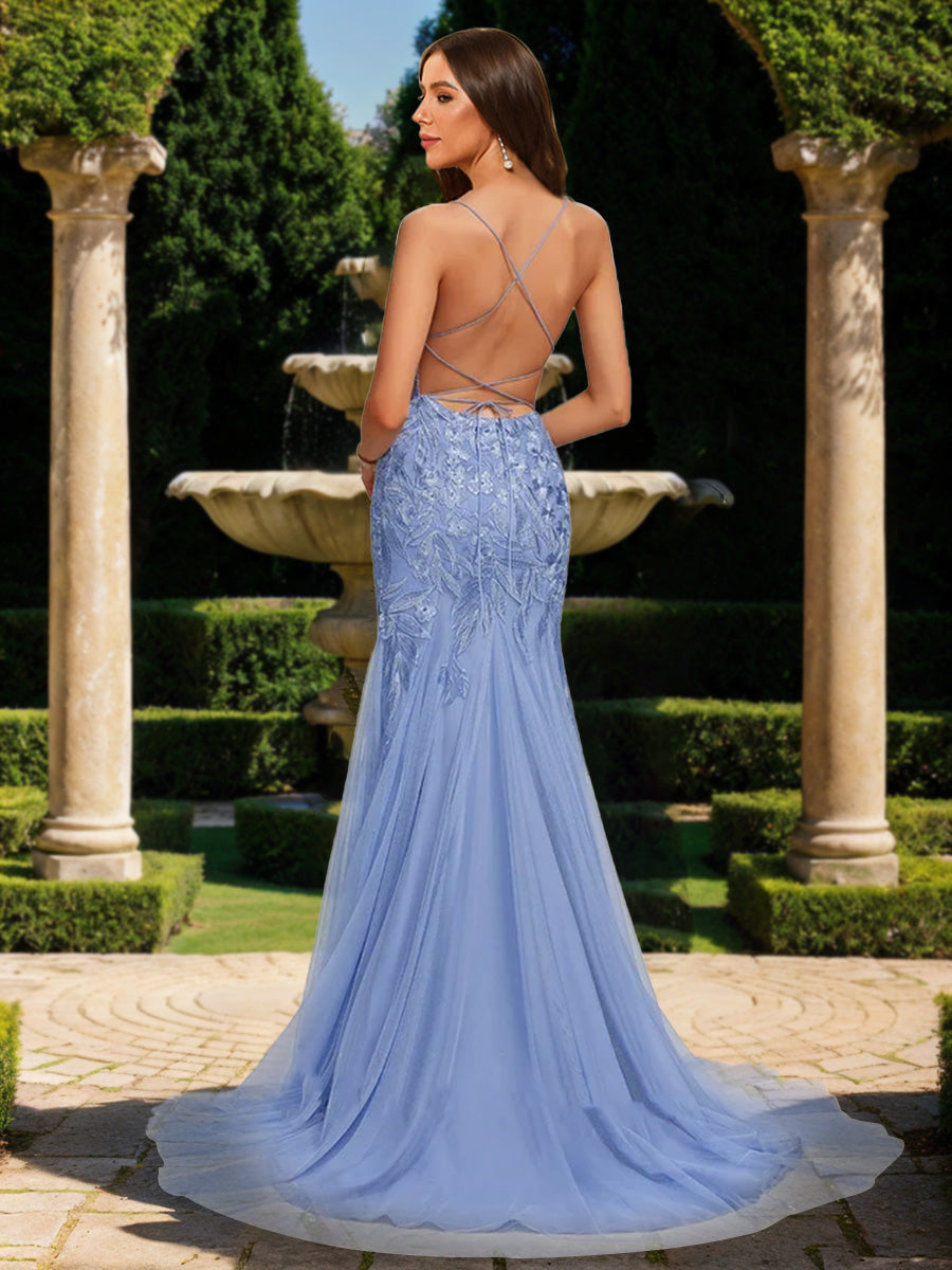 Trumpet/Mermaid Spaghetti Straps Sleeveless Prom Dresses with Lace