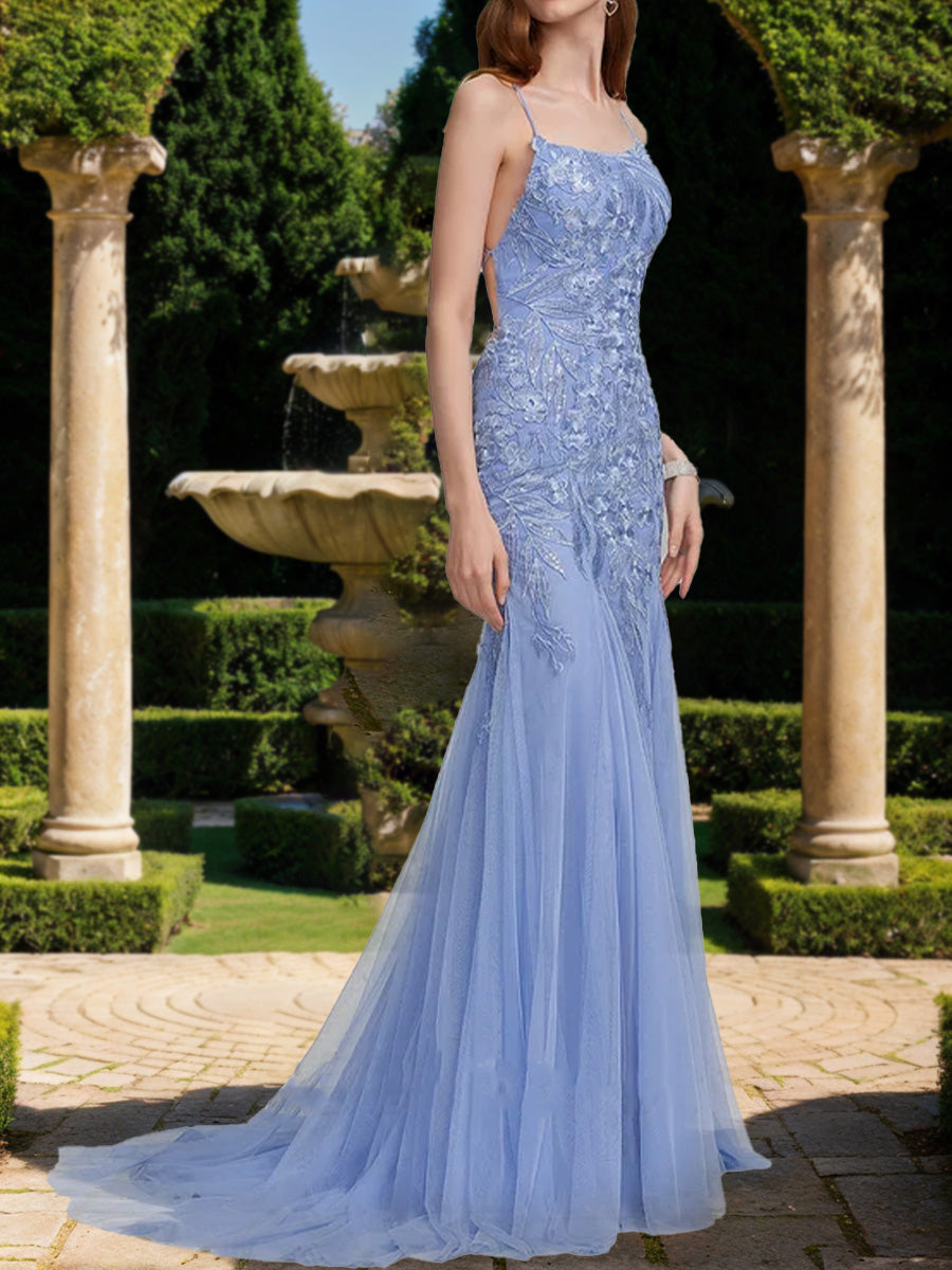 Trumpet/Mermaid Spaghetti Straps Sleeveless Prom Dresses with Lace