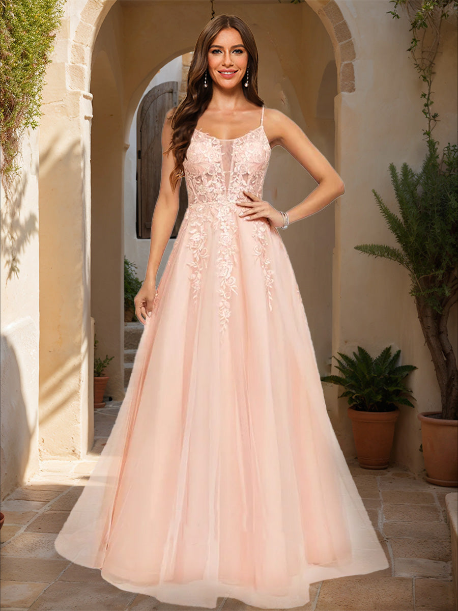 A-Line/Princess Spaghetti Straps Sleeveless Prom Dresses with Applique