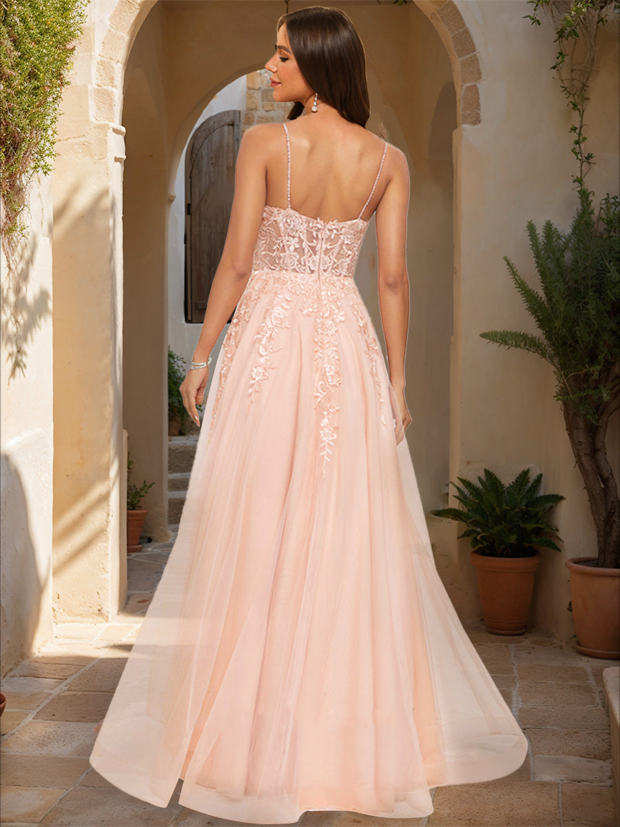 A-Line/Princess Spaghetti Straps Sleeveless Prom Dresses with Applique