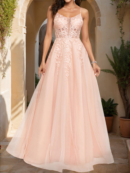 A-Line/Princess Spaghetti Straps Sleeveless Prom Dresses with Applique